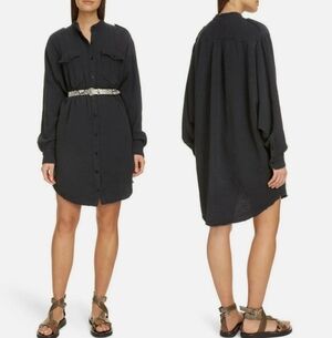 Isabel Marant Etoile Jasia Faded Black Button Down Tunic Dress Size 42 XL